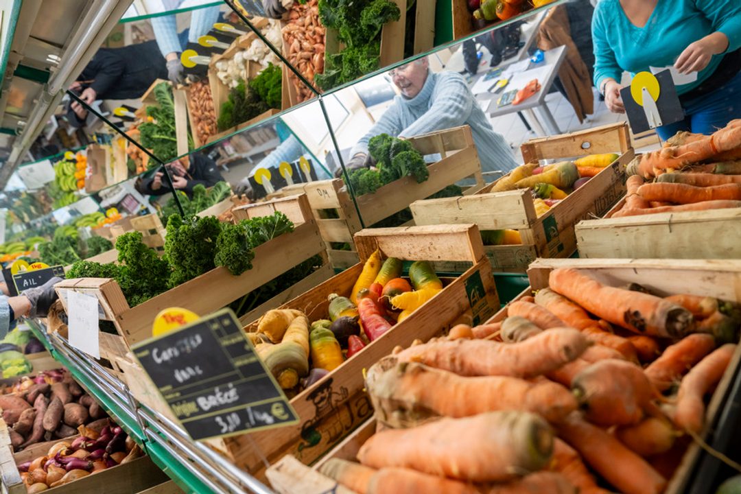 Rayonnage de légumes dans une épicerie sociale.