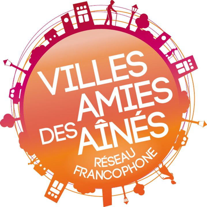 Le logo de Villes Amies des aînés représente une sphère avec des immeubles et des personnes âgées qui se déplacent.